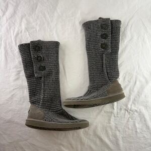 UGG Cardy Sweater Knit Foldover High Button PullOn Boot Grey Sheepskin Women 10
